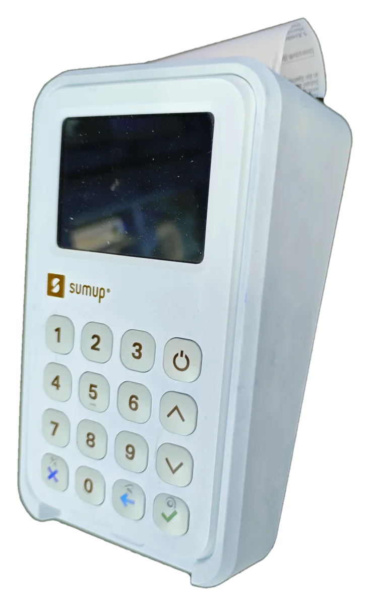 Freigestelltes SumUp 3G Terminal mit Drucker für den Betrieb über WLAN